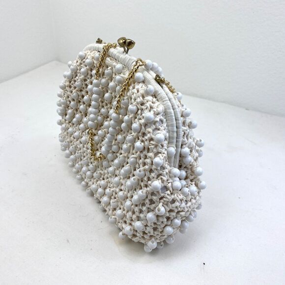 Vintage 60s Ritter White Raffia Plastic Beaded Purse Handbag Mod Hippie Wedding - Picture 7 of 15